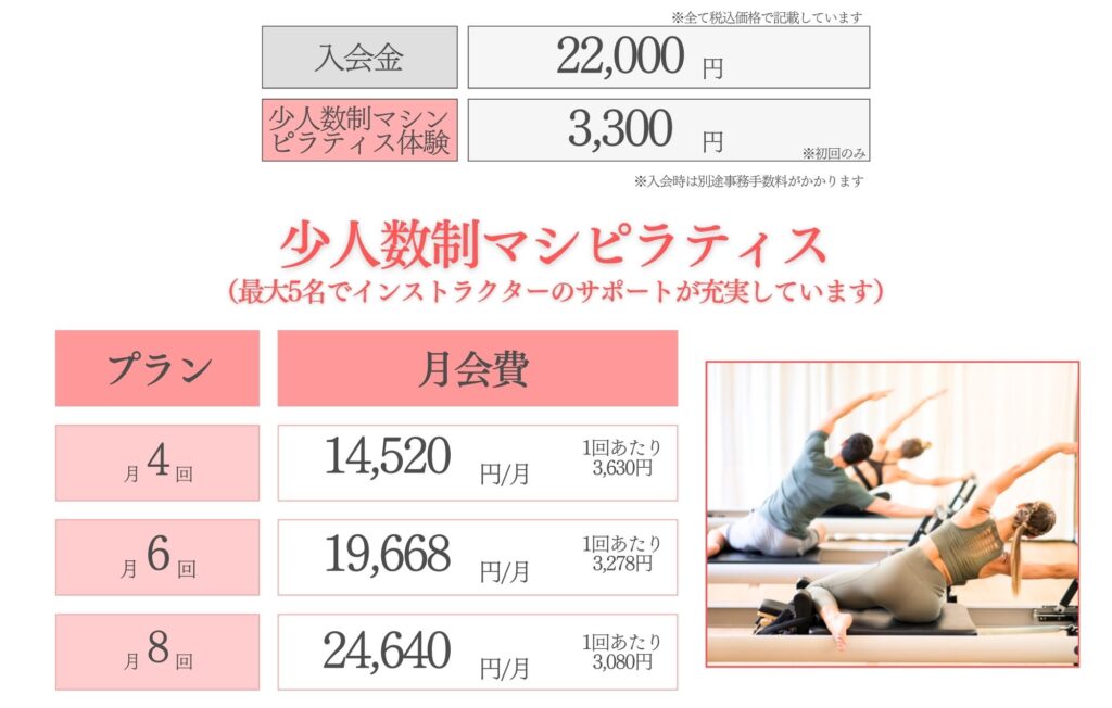 ピラティススタジオセイズジム少人数制料金表
